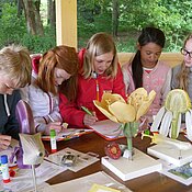 Das Foto zeigt Schüler:innen, die am Modell den Aufbau verschiedener Blüten erarbeiten.