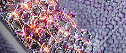 Illustration of exciton splitting in the organic semiconductor pentacene, which consists of five benzene rings each. Instead of the usual two free charge carriers, absorption of a photon in pentacene generates four free charge carriers, represented by orange tracks.