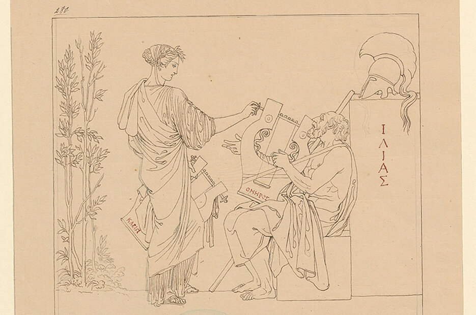 In Martin von Wagners Titelbild zur „Ilias“ stimmt die Muse Klio die Kithara Homers.