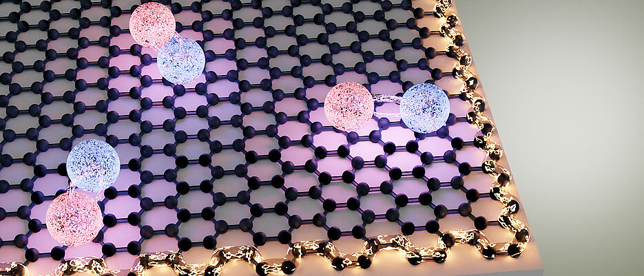 Three excitons (pairs consisting of an electron and an electron hole) on the topological insulator bismuthene. Due to the honeycomb atomic structure, electrons can only flow along the edges. 