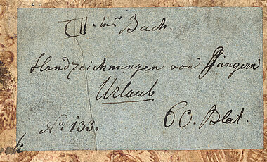 Martin von Wagner hat den Einband des Zeichnungsalbums mit "Handzeichnungen von Jüngern Urlaub" persönlich beschriftet. Auch über dieses Indiz konnte die Herkunft aus dem Würzburger Universitätsmuseum bewiesen werden. 