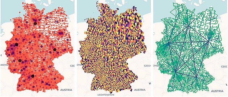 An example of an Internet node network for Germany: On the left, the nodes, shown in the various network levels in different colours and sizes. In the centre, each cell as a "responsibility area" of an individual network node. On the right, the generated topology with nodes and links.