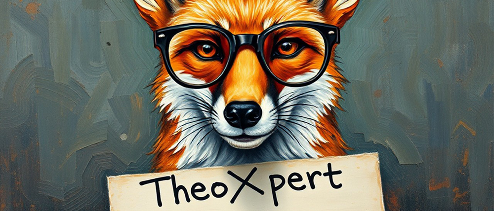 Titelbild TheoExpert Fuchs mit einer Brille und einem Schild mit der Schrift TheoXpert