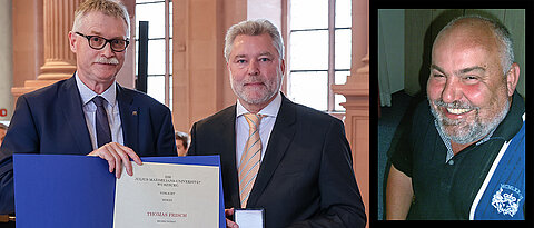 Bernd-Stefan Vorderobermeier (Mitte), Leiter des Servicezentrums Studierende, nahm die Julius-Maximilians-Verdienstmedaille für seinen verstorbenen Mitarbeiter Thomas Frisch entgegen. Die Laudatio hielt Kanzler Uwe Klug.