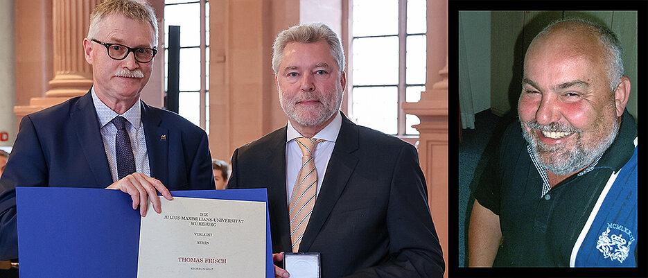 Bernd-Stefan Vorderobermeier (Mitte), Leiter des Servicezentrums Studierende, nahm die Julius-Maximilians-Verdienstmedaille für seinen verstorbenen Mitarbeiter Thomas Frisch entgegen. Die Laudatio hielt Kanzler Uwe Klug.