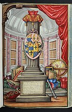 Würzburger Universitätsszepter von 1723 auf dem Wappenblatt des Rektors Carl Theodor  Freiherr von Dalberg, zweites Matrikelbuch der Universität Würzburg. (WUB)