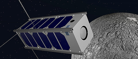 Visualisation of a nanosatellite during an extraterrestrial mission in the vicinity of the moon.