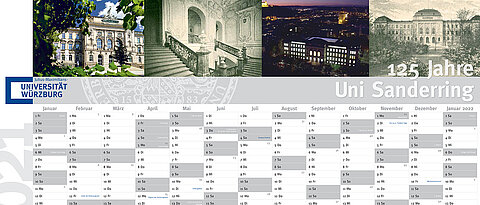 Der Wandkalender für 2021 zeigt aktuelle und historische Fotos der Universität am Sanderring.