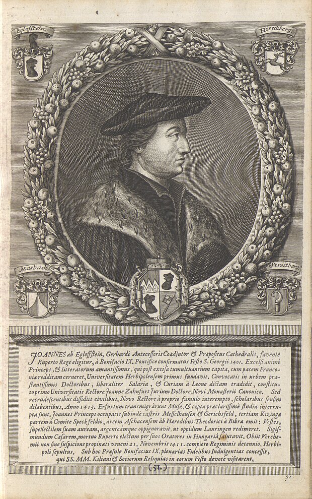 Fantasieporträt des Fürstbischofs Johann von Egloffstein von 1712, Kupferstich von Johann Salver. Johann Salver: Icones virtuosae sanctorum, beatorum […], Würzburg 1712.