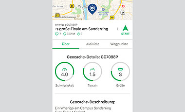 Eine über die App-Stores der einzelnen Smartphonehersteller zu beziehende Geocaching-App stellt alle Infos zur Schnitzeljagd übersichtlich dar. Im Mittelpunkt stehen die Beschreibung und natürlich eine Kartenansicht.