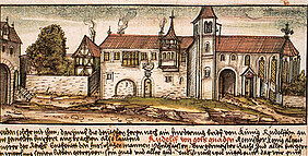 Die Deutschordenskirche Würzburg – hier die erste Darstellung der Deutschordensniederlassung in der Bischofschronik von Lorenz Fries. (Abbildung: Forschungsstelle Deutscher Orden)