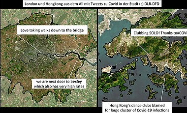 Die vom DLR nachbearbeiteten Satellitenaufnahmen von London und Hongkong zeigen beispielhaft Twitterdaten aus den beiden Städten, die lokal relevant sind und sich auf Corona beziehen.