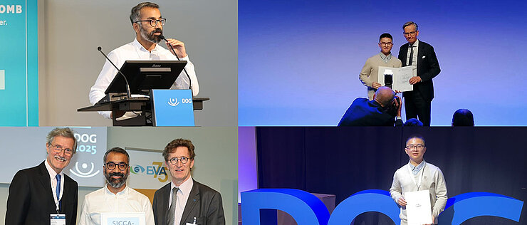 Dr. Malik Haider (linke Spalte) wurde im Rahmen der DOG 2025 in Berlin mit dem Sicca-Preis ausgezeichnet, Zhi Liang erhielt den „Best Abstract“-Preis der AG Young DOG. 