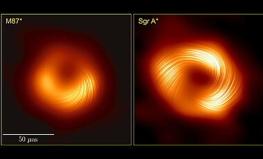 Das Bild der beiden supermassereichen Schwarzen Löcher M87* und Sagittarius A* nebeneinander in polarisiertem Licht zeigt, dass diese monströsen Objekte ähnliche Magnetfeldstrukturen aufweisen. Dies deutet darauf hin, dass die physikalischen Prozesse, die bestimmen, wie ein Schwarzes Loch sich ernährt und einen Jet ausstößt, universelle Merkmale für supermassereiche Schwarze Löcher sein könnten. 