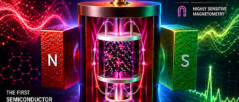 The maser principle: A laser excites quantum spin state in the semiconductor silicon carbide. In combination with a magnetic field and a resonator, this produces coherent microwave radiation – the basis of the world’s first semiconductor maser.