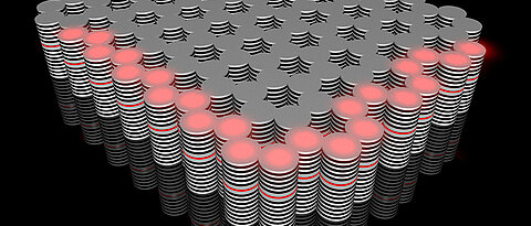 The novel topological insulator built in the Würzburg Institute of Physics: a controllable flow of hybrid optoelectronic particles (red) travels along its edges. (Picture: Karol Winkler)
