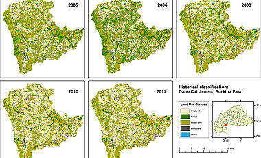 Landnutzungskarte für das Einzugsgebiet der Stadt Dano in Burkina Faso. Sie zeigt, wie zwischen 2005 und 2011 der Anteil von Waldflächen kleiner und der von Ackerflächen größer wurde.