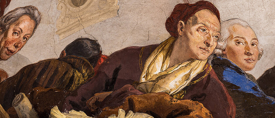 Giambattista Tiepolo malte 1752/53 sich und seinen Sohn Giamdomenico in der Nordostecke des Weltfreskos im Treppenhaus der Residenz. 