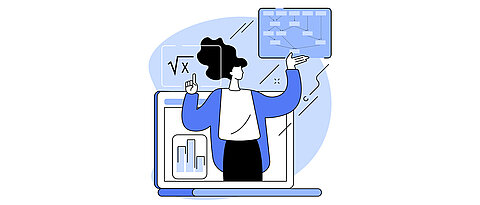 Eine Frau ragt aus dem Laptop raus und deutet auf eine komplexe mathematische Beweiskette.