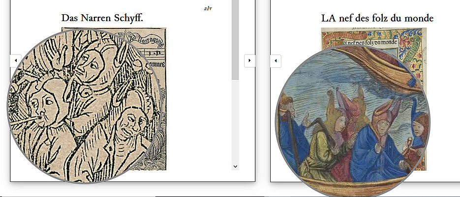 Den Vergleich der Originalausgabe mit einer späteren französischen Ausgabe des Narrenschiffs: Auch diese Möglichkeit bietet die Edition „Narragonien digital“.