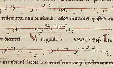 Ein Beispiel für einen Tropus: Im Gesang „Viri Galilei“ (Mitte und rot markiert) geht es um Christi Himmelfahrt und wie die Apostel dieses Ereignis wahrnehmen. Der Tropus führt ergänzend vor dem Gesang ein: „Die Apostel staunten, und die Engel sprachen zu Ihnen.“