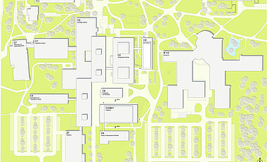 Das Chemiezentrum (links) auf dem Hubland-Campus: Der Block C3-BA1 ist das neue Praktikumsgebäude, der langgestreckte C3-Komplex ist der Zentralbau, der die Institute verbindet.