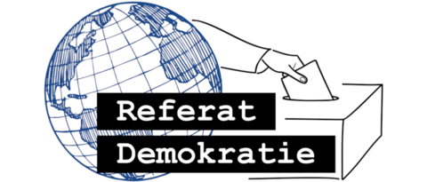 Logo des Referat Demokratie: eine Hand mit einem Wahlzettel vor einem Globus