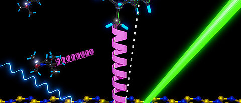 Schema eines Quantensensors, bei dem ein Biomolekül (pink) an einer Oberfläche aus hexagonalem Bornitrid verankert ist, auf der sich der Spindefekt (rot) befindet. Dieser fungiert dort als Sonde.