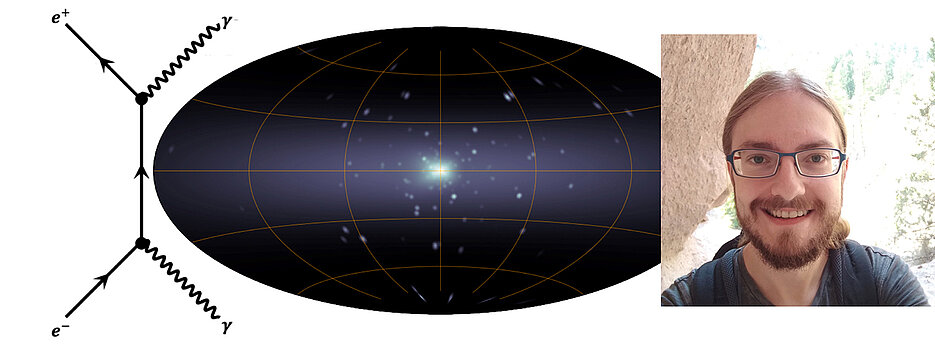 Der Astrophysiker Dr. Thomas Siegert vor einer Darstellung der Vernichtungsstrahlung (γ, links) von Elektronen (e-) mit ihren Antimaterie-Partnern, den Positronen (e+), in der Milchstraße (Mitte).