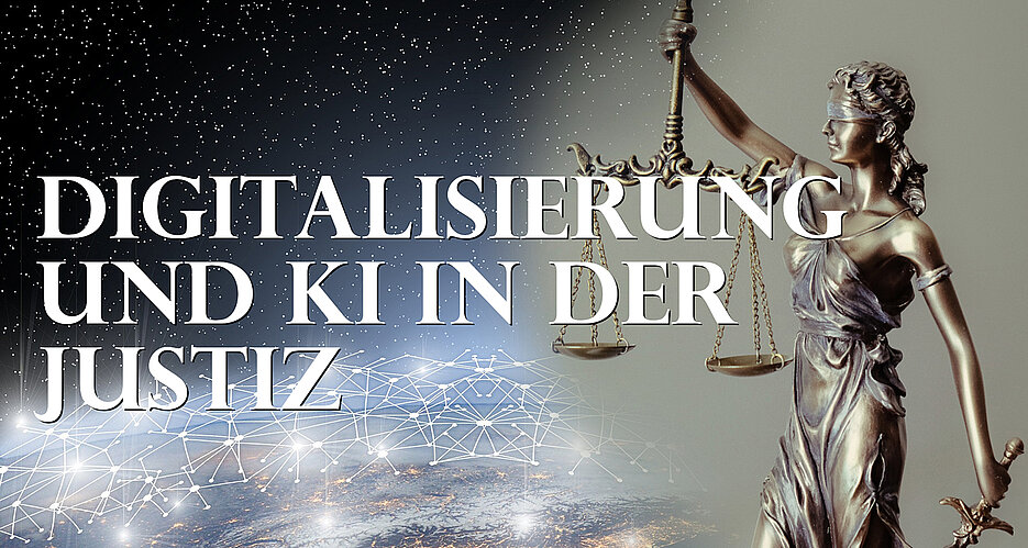 Statue der Justitia mit Waage und Richtschwert vor dem Hintergrund eines Bildes der Erdoberfläche, auf welcher die weltumspannende Vernetzung durch Lichtpunkte und Lichtlinien illustriert ist.