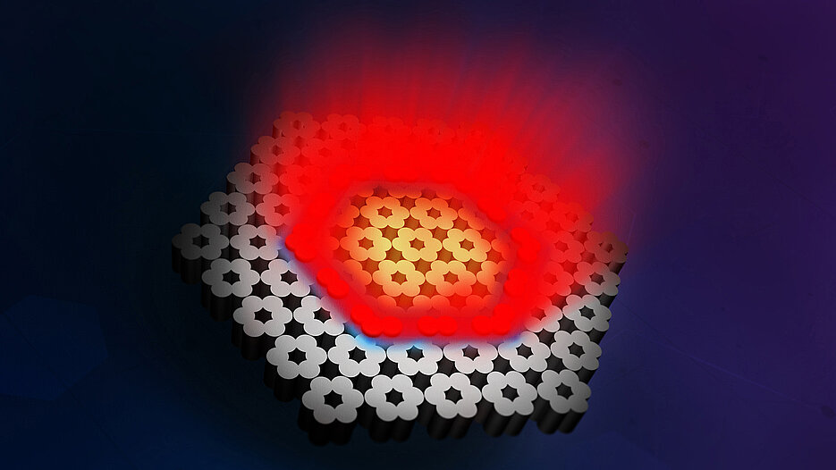 30 surface-emitting microlasers are coupled to form a topological laser. Along a topological interface (blue), they behave as a single laser and emit coherent laser light together (red). Artistic representation.