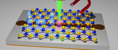 Schematische Darstellung der kohärenten Kontrolle eines Spin-Defekts (Qubit, rot) in einer atomaren Schicht aus Bornitrid. Bornitrid besteht aus Bor (gelbe Kugeln) und Stickstoff (blaue Kugeln) und liegt auf einer Streifenleitung. Der Spin-Defekt wird über einen Laser angeregt, sein Zustand über die Emission (Photolumineszenz) ausgelesen. Über einen Magneten und Mikrowellenpulse (hellblau, aus der Streifenleitung) kann das Qubit beliebig manipuliert werden.