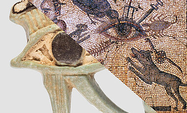 Zwei antike Beispiele im Zusammenhang mit dem Bösen Blick. Das Udjat-Auge (li.) sollte den Bösen Blick abwehren. Ein römisches Mosaik (re.) zeigt, wie gegen den Bösen Blick vorgegangen wird.