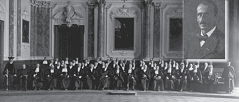 Foto von Ernst Seifert, montiert auf ein Gruppenfoto aus dem Jahr 1930, das die Professoren der Uni Würzburg im Audimax zeigt. (Fotos: Universitätsarchiv)