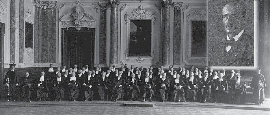 Foto von Ernst Seifert, montiert auf ein Gruppenfoto aus dem Jahr 1930, das die Professoren der Uni Würzburg im Audimax zeigt. (Fotos: Universitätsarchiv)