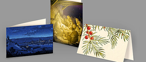 Ihre Weihnachtskarten bietet die Unibibliothek in diesem Jahr mit drei Motiven an.