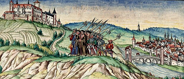 Gefangennahme des Domkapitels 1408. Quelle: Miniatur aus der Fries-Chronik, UB Würzburg. 