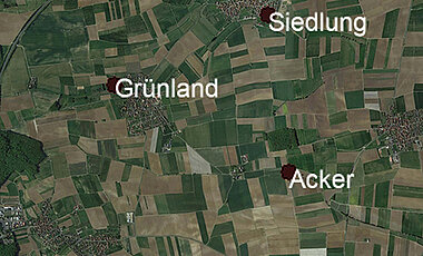 LandKlif-Untersuchungsregion in Bayern mit drei Versuchsflächen (Grünland, Acker, Siedlung). Die Region ist überwiegend landwirtschaftlich genutzt und hat ein warmes Klima.