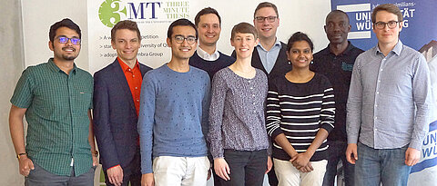 Die Teilnehmenden des ersten Würzburger 3MT-Wettbewerbs (von links): Srikkanth Balasubramanian, Hans-Peter Solowan, Ankit Turakhiya, Martin Becker, Nicola Seitz, Sebastian Schmidt, Ramya Potabattula, Benjamin Aboagye und Kersten Clauss. (Foto: Gabriele B