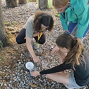 Schüler:innen stapeln Becher mit Kies, Sand, Erde und Kaffeefilter übereinander und übergießen diese mit Wasser.