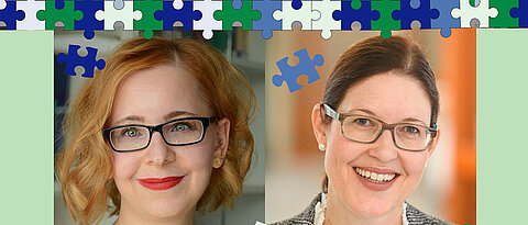 Regina Taurines (rechts) und Julia Geißler beschäftigen sich mit Autismus. Die verschiedenen Puzzleteile in der Collage stehen für die große Vielfalt der Autismus-Spektrum-Störungen.
