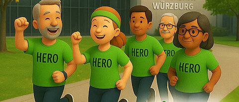 AI-generated illustration in comic style: Five people walking together on the campus of the University of Würzburg.
