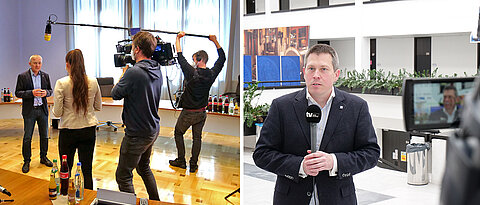 Nach der Pressekonferenz standen Johannes Liese (l.) und Oliver Kurzai zahlreichen Fernseh-Teams vor den Kameras Rede und Antwort.