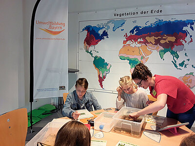 Das Foto zeigt Schülerinnen und Schüler bei einem Aktionsprogramm zum Ökosystem Gewässer im Botanischen Garten.