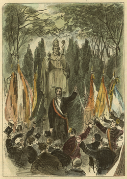 „Ovation vor dem Julius-Denkmal“ J. Leonhard, Holzstich, koloriert, in: Illustrierte Zeitung, Nr. 2043 vom 26.08.1882, S. 175. (Institut für Hochschulkunde an der Universität Würzburg)