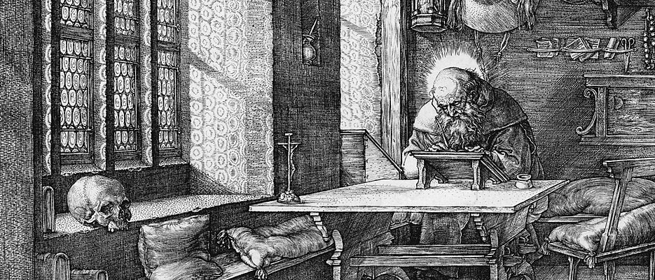Beispiel für eine kulturelle Darstellung von Einsamkeit: Der heilige Hieronymus in seiner Studierstube, ein Kupferstich Albrecht Dürers aus dem Jahr 1514.