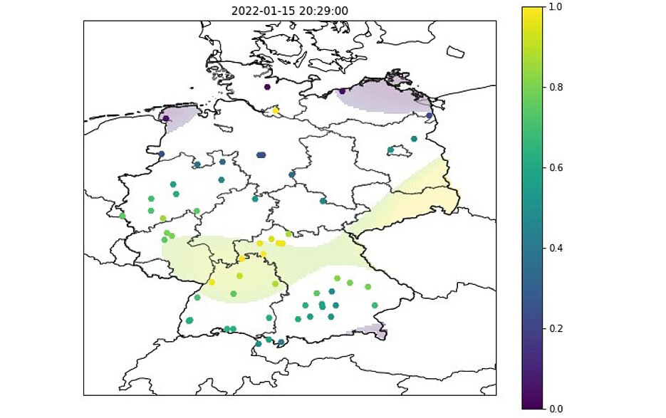 Die Luftdruckwelle (gelbe Fläche) der Explosion des Vulkans Hunga Tonga über Deutschland. Die Punkte repräsentieren die Standorte der we4bee-Bienenstöcke.