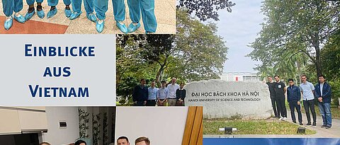 Einblicke aus Vietnam, vom Strand, dem Geschehen an der Uni, die Teilnehmer in Schutzanzügen und dem Smog in der Innenstadt, Fotos: privat