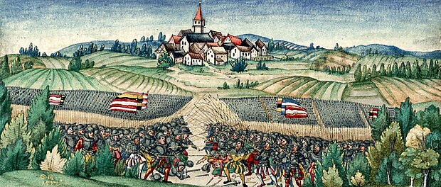 Die Schlacht bei Bergtheim 1400. Quelle: Miniatur aus der Fries-Chronik, UB Würzburg. 