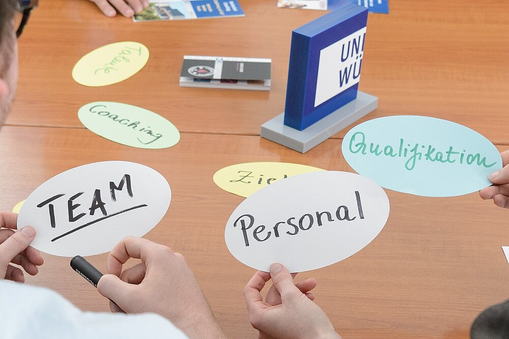 cards that say "team", "employees" and "qualification"